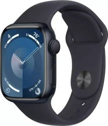 Умные часы Apple Watch Series 9 LTE 41 мм (алюминиевый корпус, полуночный/полуночный, спортивный силиконовый ремешок S/M) - фото
