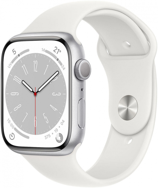 Смарт-часы Apple Watch Series 8 45 мм (алюминиевый корпус, серебристый/белый, спортивный силиконовый ремешок) - фото
