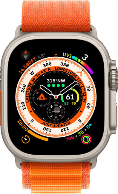 Смарт-часы Apple Watch Ultra LTE 49 мм (титановый корпус, титановый/оранжевый, текстильный ремешок размера M) - фото2