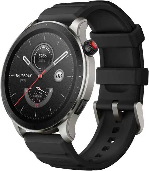 Умные часы Amazfit GTR 4 (серебристый, с черным ремешком из фторэластомера) - фото