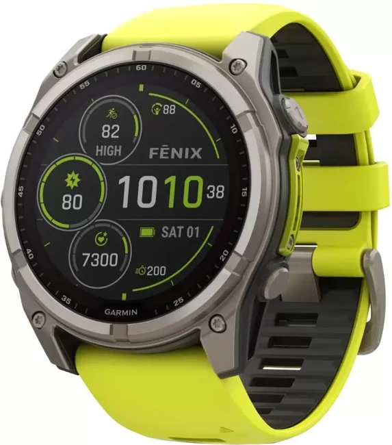 Умные часы Garmin Fenix 8 Solar, Sapphire 51мм (титановый, желтый силиконовый ремешок) - фото