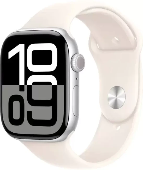 Умные часы Apple Watch Series 10 46 мм (алюминиевый корпус, серебристый/звездный свет, спортивный силиконовый ремешок M/L)