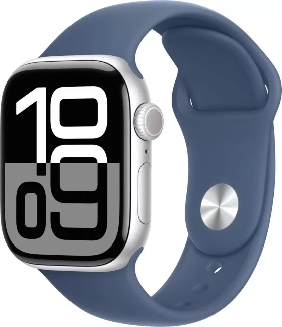 Умные часы Apple Watch Series 10 42 мм (алюминиевый корпус, серебристый/синий, спортивный силиконовый ремешок M/L) - фото
