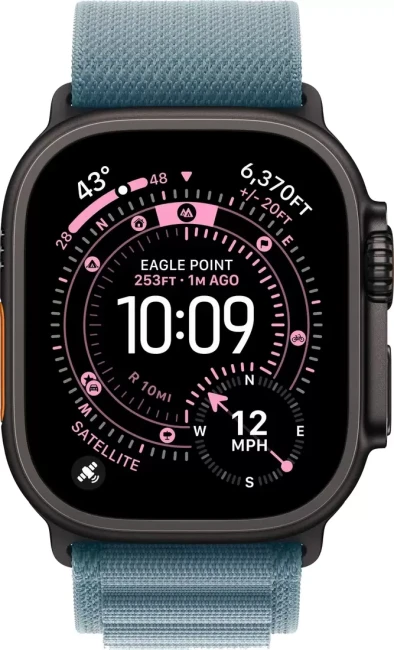 Умные часы Apple Watch Ultra 3 LTE 49 мм (титановый корпус, черный/голубой, текстильный ремешок размера L) - фото2