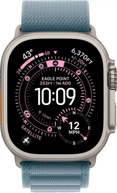Умные часы Apple Watch Ultra 3 LTE 49 мм (титановый корпус, природный/голубой, текстильный ремешок размера M) - фото2