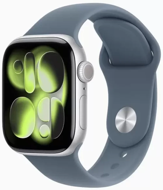 Умные часы Apple Watch Series 11 46 мм (алюминиевый корпус, серебристый/синий, спортивный силиконовый ремешок) - фото