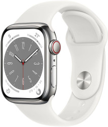 Смарт-часы Apple Watch Series 8 LTE 41 мм (корпус из нержавеющей стали, серебристый/белый, силиконовый ремешок) - фото