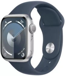 Умные часы Apple Watch Series 9 41 мм (алюминиевый корпус, серебристый/грозовой синий, спортивный силиконовый ремешок S/M) - фото