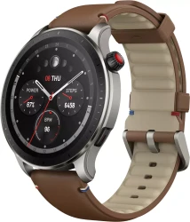 Умные часы Amazfit GTR 4 (серебристый, с коричневым кожаным ремешком) - фото