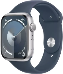 Умные часы Apple Watch Series 9 45 мм (алюминиевый корпус, серебристый/грозовой синий, спортивный силиконовый ремешок S/M) - фото