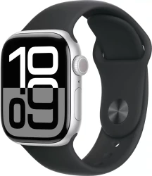 Умные часы Apple Watch Series 10 42 мм (алюминиевый корпус, серебристый/черный, спортивный силиконовый ремешок S/M) - фото