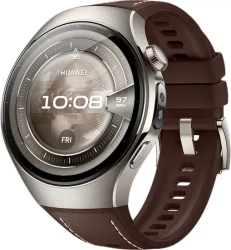 Умные часы Huawei Watch 5 46 мм (титановый, с коричневым силиконовым ремешком, международная версия) - фото