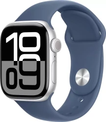 Умные часы Apple Watch Series 10 42 мм (алюминиевый корпус, серебристый/синий, спортивный силиконовый ремешок M/L) - фото