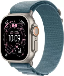 Умные часы Apple Watch Ultra 3 LTE 49 мм (титановый корпус, природный/голубой, текстильный ремешок размера M) - фото