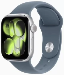 Умные часы Apple Watch Series 11 42 мм (алюминиевый корпус, серебристый/синий, спортивный силиконовый ремешок) - фото