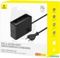 Сетевое зарядное Baseus Digital GaN Intelligent Desktop 3C+U+DC 240W P10163901113-00 (черный) - фото7